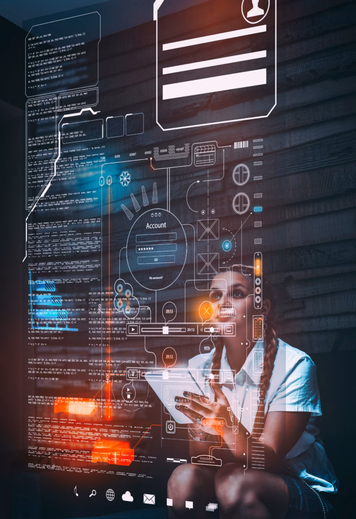 Young woman using tablet and analyze infograph tab screen with codes and information at home.Futuristic user interface.